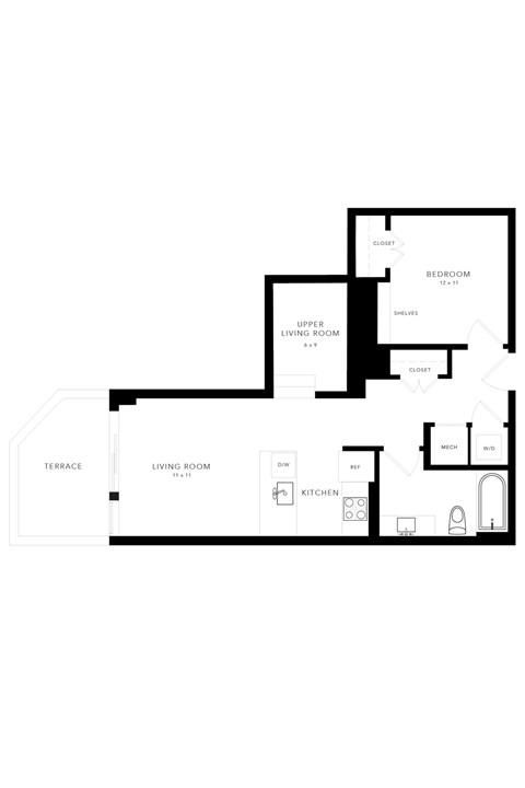 Floor plan for 1 bed, 1 bath, 612 sqft